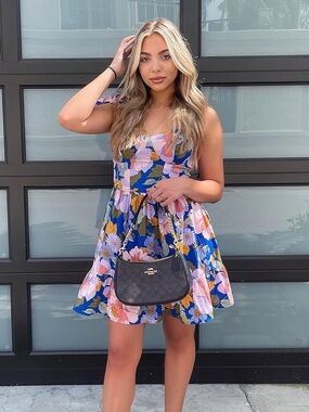 Floral Fit & Flare Mini Dress in Blue and Pink